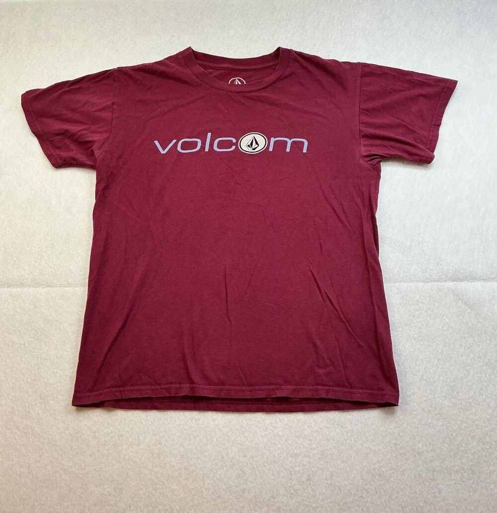 Volcom Maroon Burgundy Graphic T Shirt Spellout Stone Logo Short Sleeve Tee